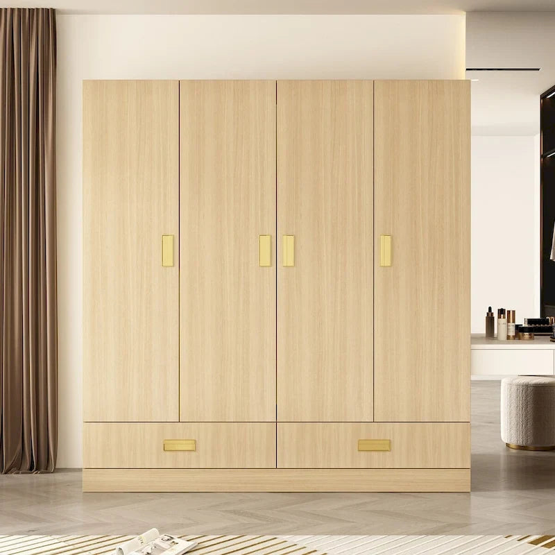 Wooden Wardrobe Closet Cabinet with Gold Handles - Natural Wood