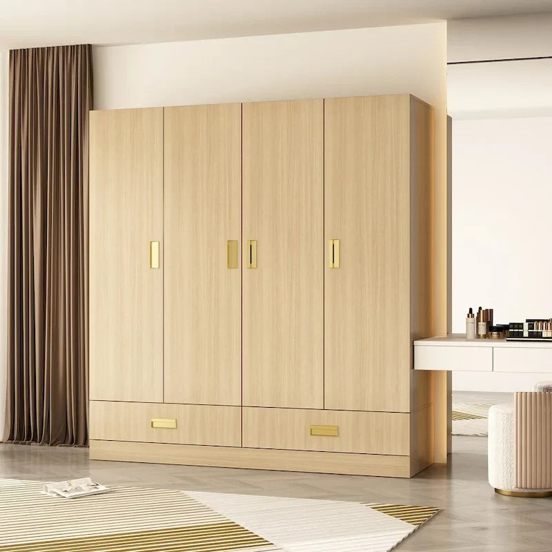 Wooden Wardrobe Closet Cabinet with Gold Handles - Natural Wood