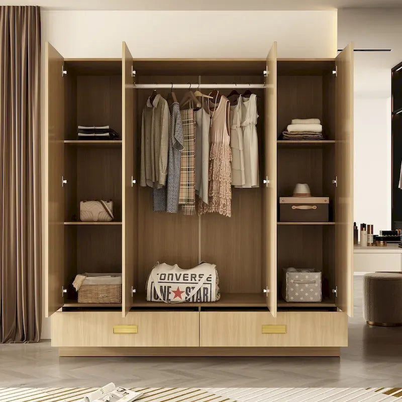 Wooden Wardrobe Closet Cabinet with Gold Handles - Natural Wood