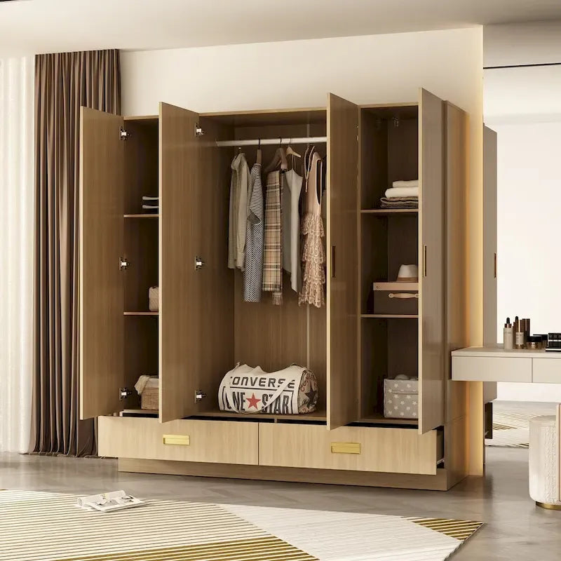 Wooden Wardrobe Closet Cabinet with Gold Handles - Natural Wood