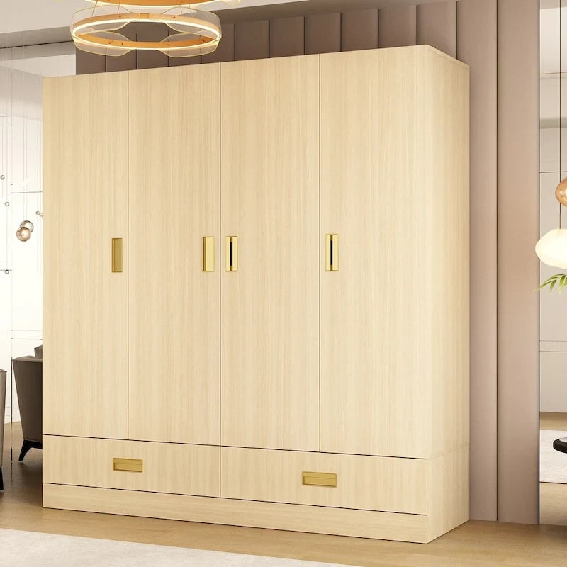 Wooden Wardrobe Closet Cabinet with Gold Handles - Natural Wood