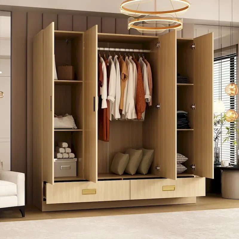 Wooden Wardrobe Closet Cabinet with Gold Handles - Natural Wood
