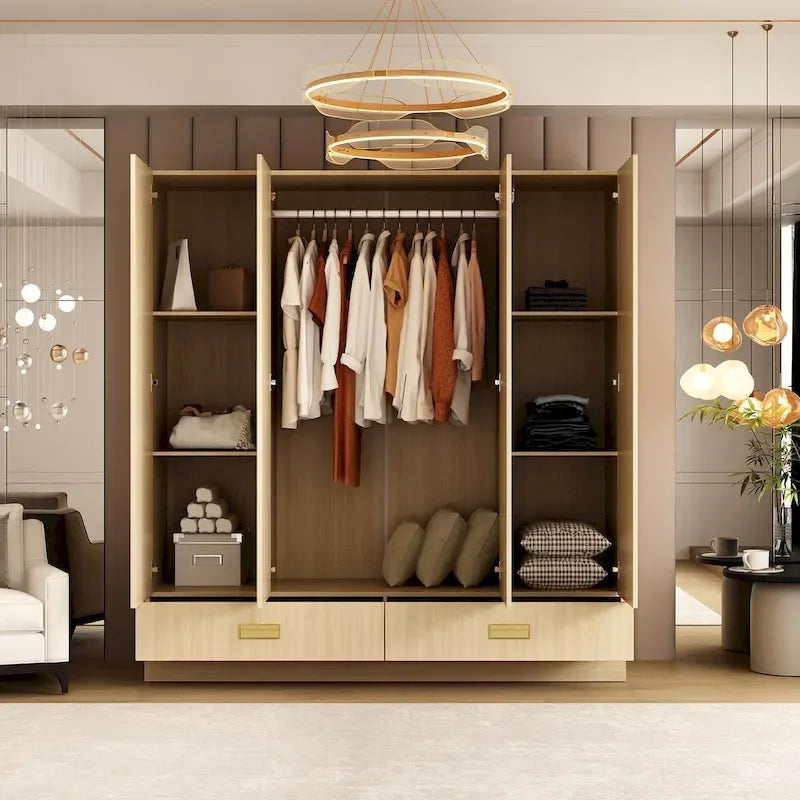 Wooden Wardrobe Closet Cabinet with Gold Handles - Natural Wood