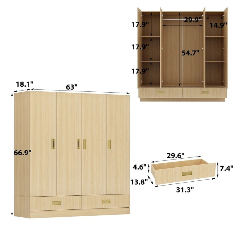 Wooden Wardrobe Closet Cabinet with Gold Handles - Natural Wood