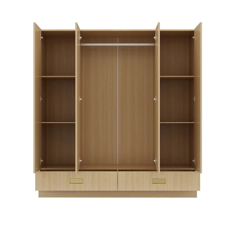 Wooden Wardrobe Closet Cabinet with Gold Handles - Natural Wood