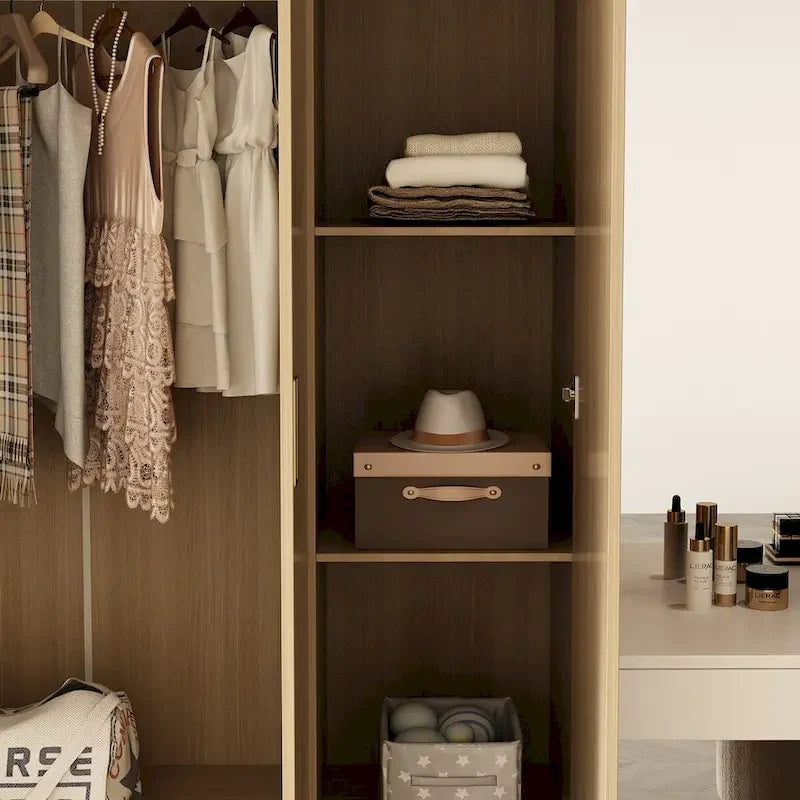 Wooden Wardrobe Closet Cabinet with Gold Handles - Natural Wood