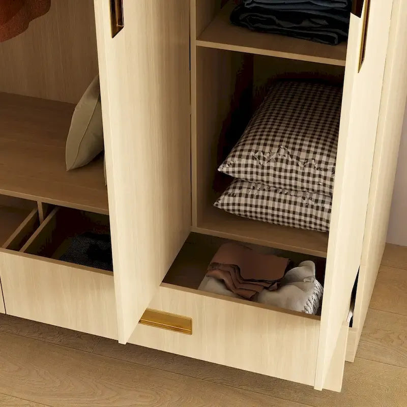Wooden Wardrobe Closet Cabinet with Gold Handles - Natural Wood