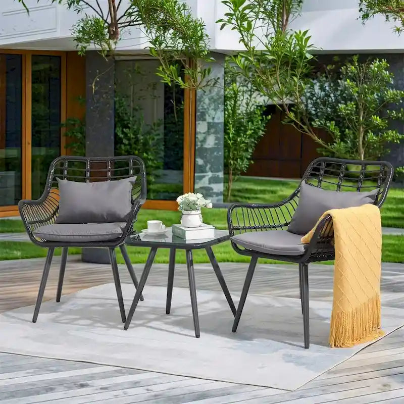 3 Piece Patio Bistro Set, Wicker Outdoor Patio Set with Coffee Side Table, Rattan Conversation Set for Balcony, Lawn, Garden