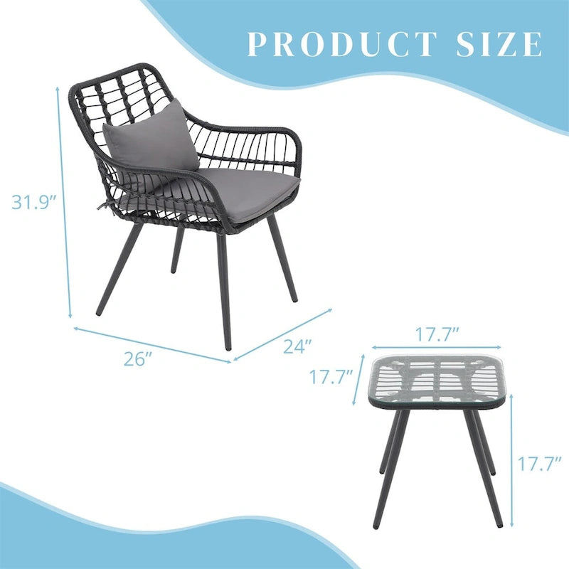 3 Piece Patio Bistro Set, Wicker Outdoor Patio Set with Coffee Side Table, Rattan Conversation Set for Balcony, Lawn, Garden
