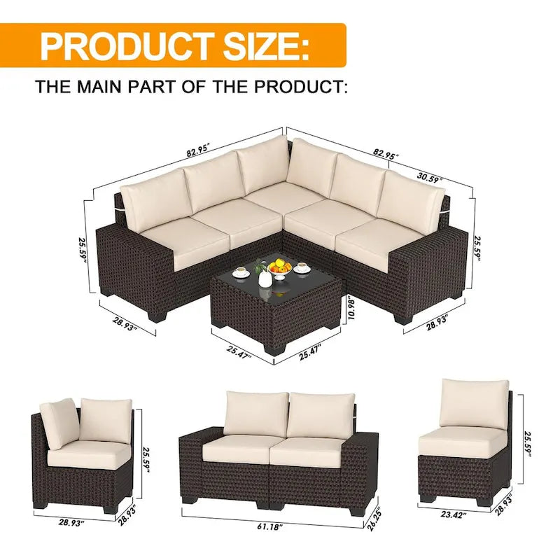 Eie 6-piece Outdoor Patio Furniture Wicker Sectional Sofa Set