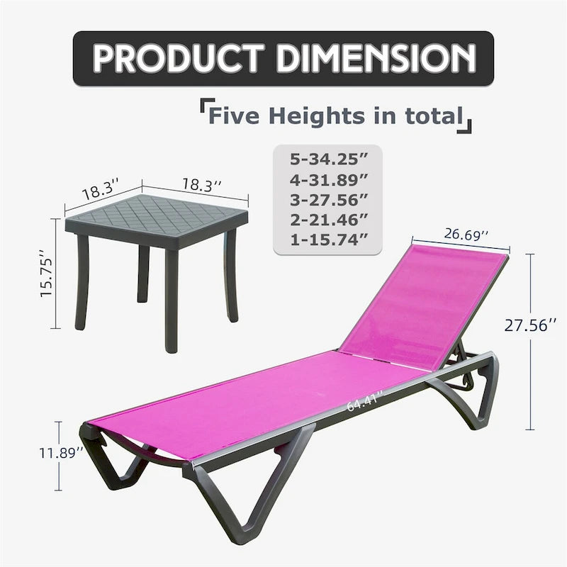 CUSchoice Outdoor Aluminum Plastic Patio Chaise Lounge with Side Table & 5 Position Adjustable Backrest & Wheels - N/A