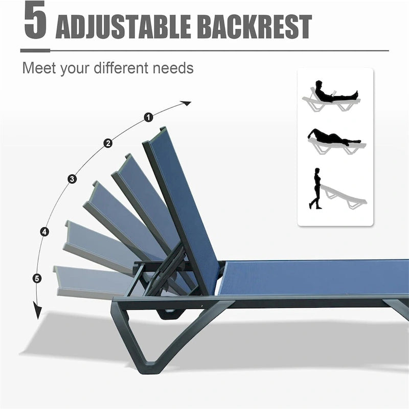 CUSchoice Outdoor Aluminum Plastic Patio Chaise Lounge with Side Table & 5 Position Adjustable Backrest & Wheels - N/A