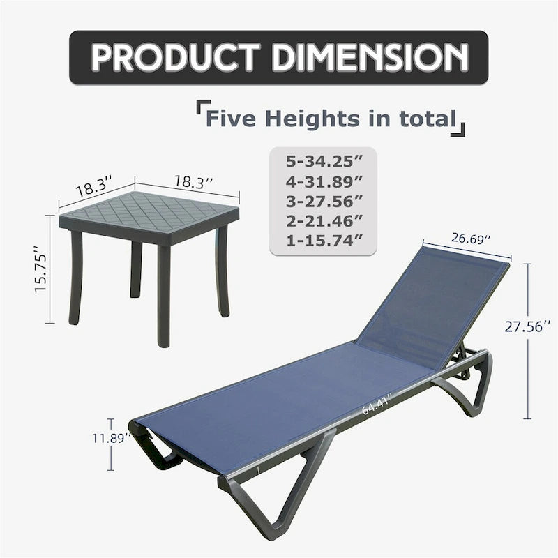 CUSchoice Outdoor Aluminum Plastic Patio Chaise Lounge with Side Table & 5 Position Adjustable Backrest & Wheels - N/A