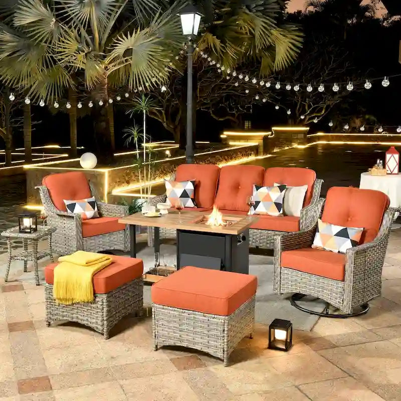 HOOOWOOO 7-piece Wicker High Back Patio Furniture Swivel Rocker Set with Fire Pit