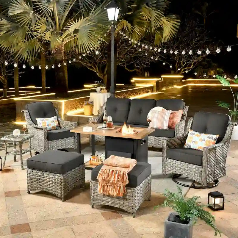 HOOOWOOO 7-piece Wicker High Back Patio Furniture Swivel Rocker Set with Fire Pit