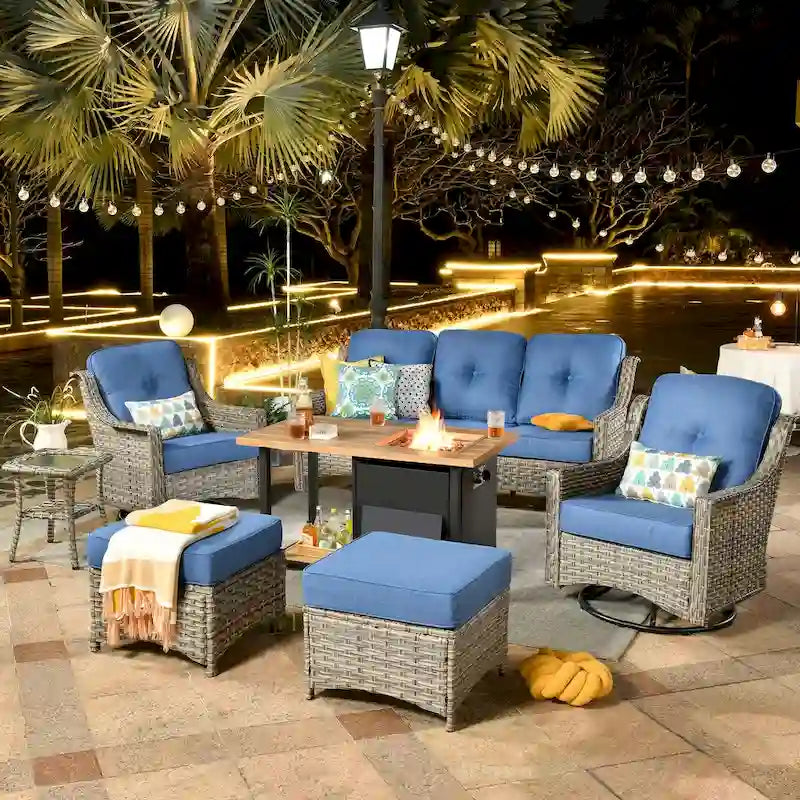 HOOOWOOO 7-piece Wicker High Back Patio Furniture Swivel Rocker Set with Fire Pit