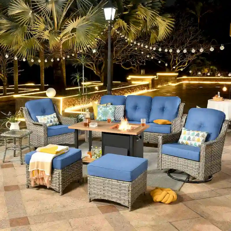 HOOOWOOO 7-piece Wicker High Back Patio Furniture Swivel Rocker Set with Fire Pit