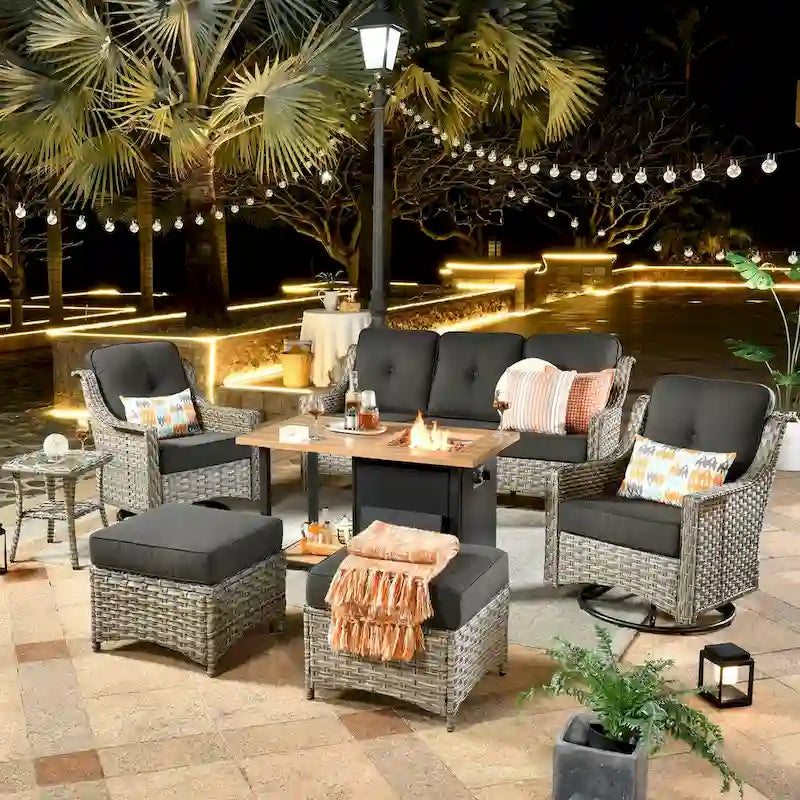 HOOOWOOO 7-piece Wicker High Back Patio Furniture Swivel Rocker Set with Fire Pit