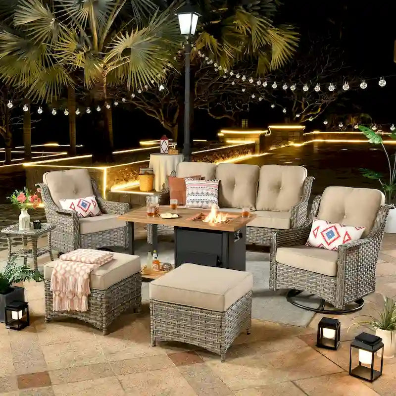 HOOOWOOO 7-piece Wicker High Back Patio Furniture Swivel Rocker Set with Fire Pit