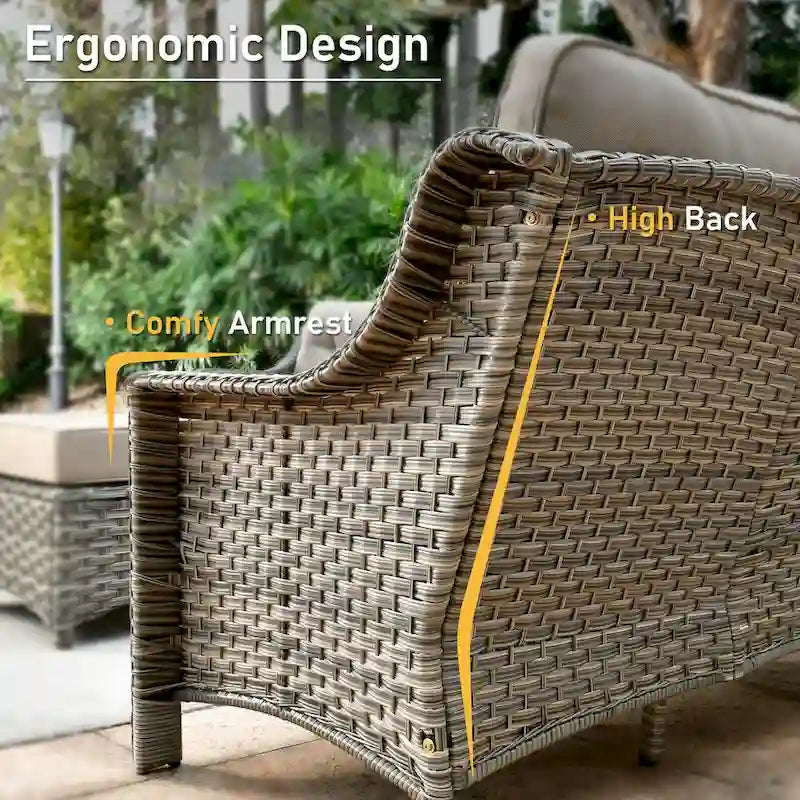 HOOOWOOO 7-piece Wicker High Back Patio Furniture Swivel Rocker Set with Fire Pit