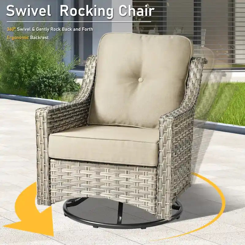 HOOOWOOO 7-piece Wicker High Back Patio Furniture Swivel Rocker Set with Fire Pit