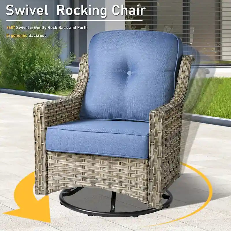 HOOOWOOO 7-piece Wicker High Back Patio Furniture Swivel Rocker Set with Fire Pit