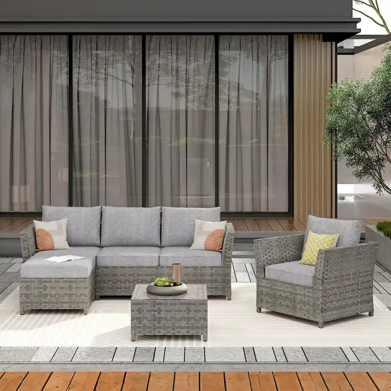 HOOOWOOO 6-piece Grey Rattan Patio Furniture Outdoor Sectional Set with Ottoman