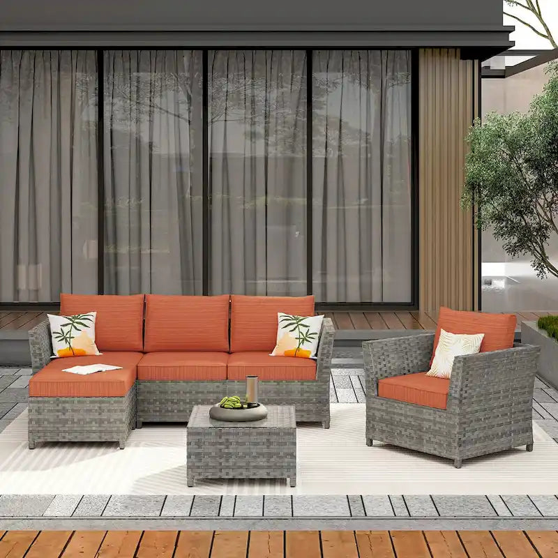 HOOOWOOO 6-piece Grey Rattan Patio Furniture Outdoor Sectional Set with Ottoman