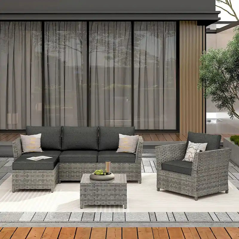 HOOOWOOO 6-piece Grey Rattan Patio Furniture Outdoor Sectional Set with Ottoman