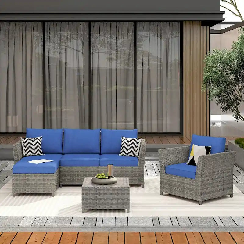 HOOOWOOO 6-piece Grey Rattan Patio Furniture Outdoor Sectional Set with Ottoman