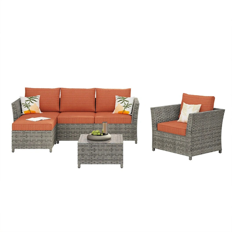 HOOOWOOO 6-piece Grey Rattan Patio Furniture Outdoor Sectional Set with Ottoman