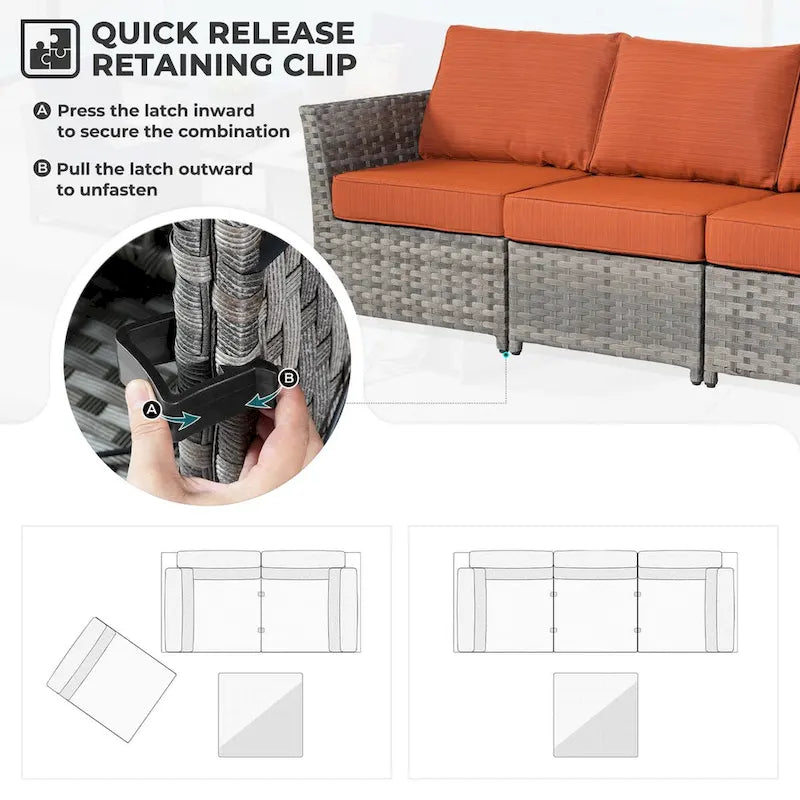 HOOOWOOO 6-piece Grey Rattan Patio Furniture Outdoor Sectional Set with Ottoman