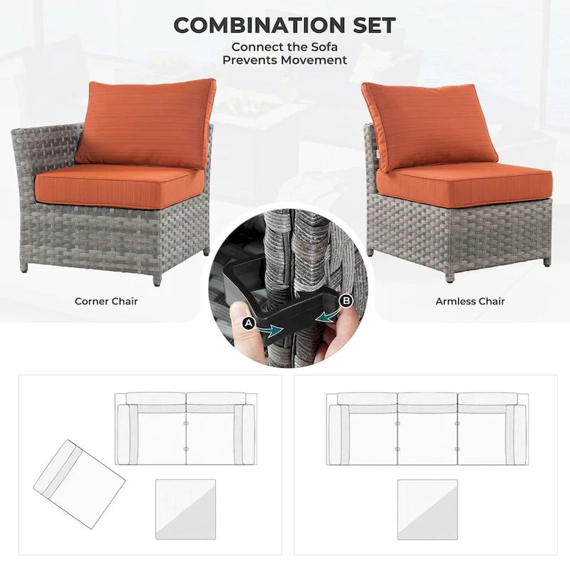 HOOOWOOO 6-piece Grey Rattan Patio Furniture Outdoor Sectional Set with Ottoman
