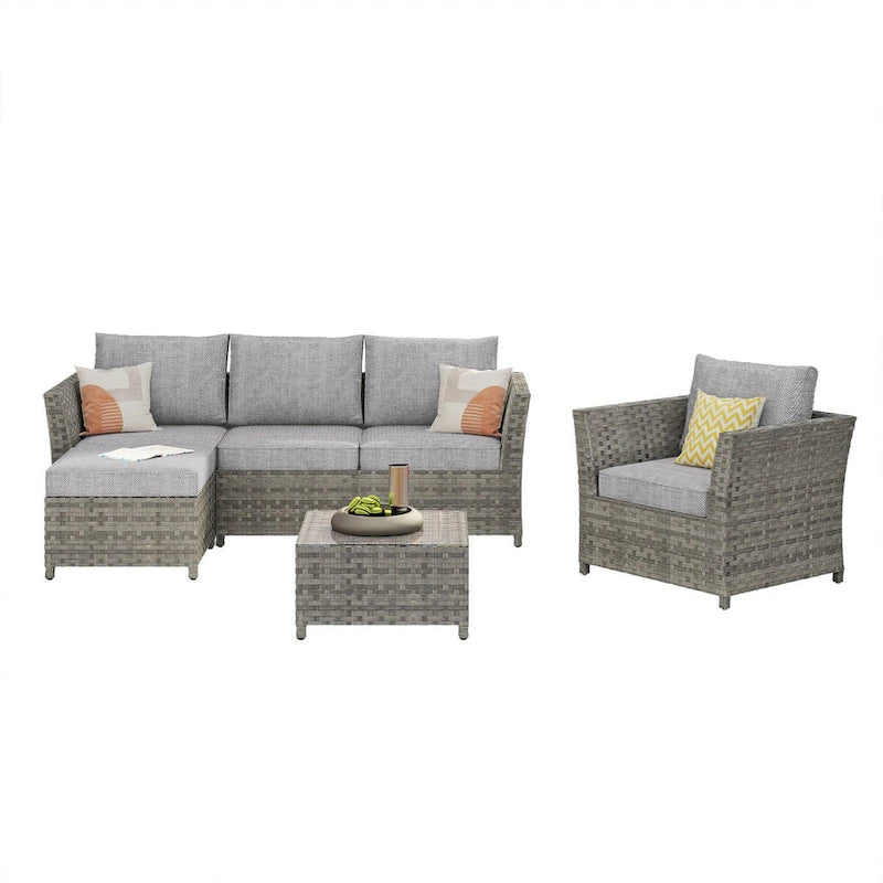HOOOWOOO 6-piece Grey Rattan Patio Furniture Outdoor Sectional Set with Ottoman