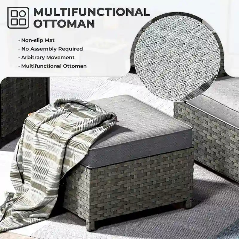 HOOOWOOO 6-piece Grey Rattan Patio Furniture Outdoor Sectional Set with Ottoman