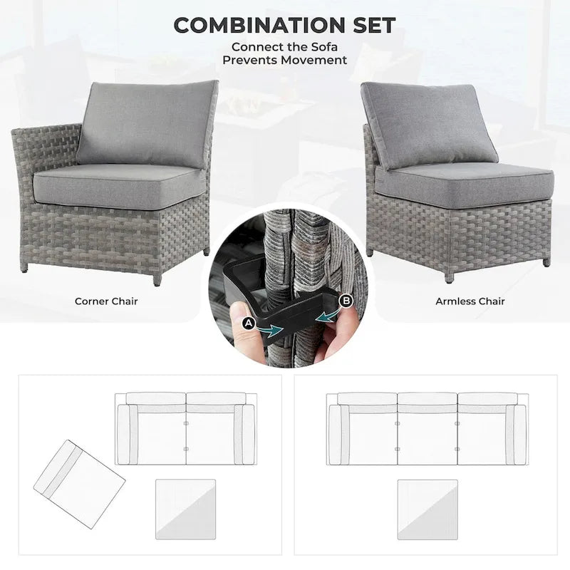 HOOOWOOO 6-piece Grey Rattan Patio Furniture Outdoor Sectional Set with Ottoman
