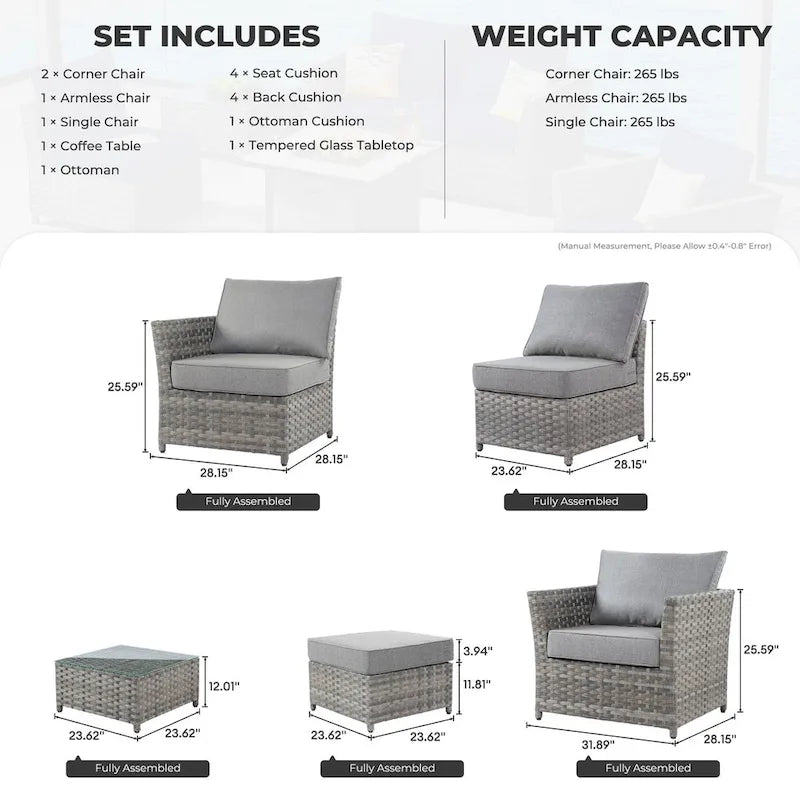 HOOOWOOO 6-piece Grey Rattan Patio Furniture Outdoor Sectional Set with Ottoman
