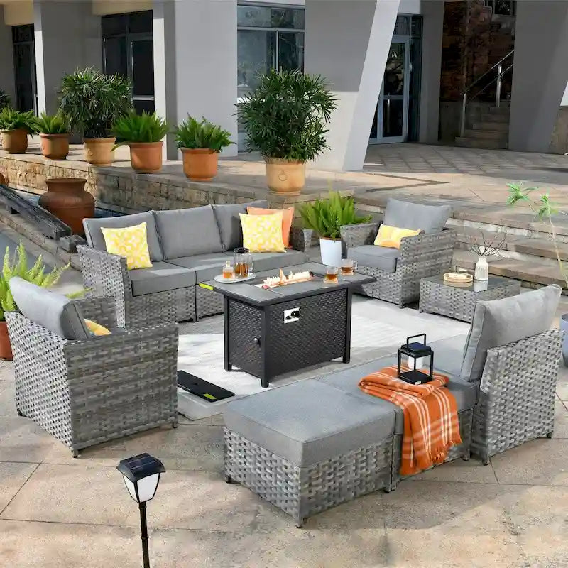 HOOOWOOO 10-piece Wicker Patio Furniture Sectional Set with Steel Fire Pit Table