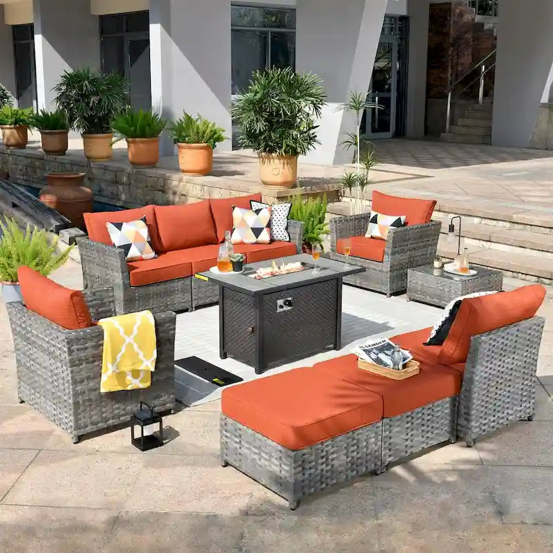 HOOOWOOO 10-piece Wicker Patio Furniture Sectional Set with Steel Fire Pit Table