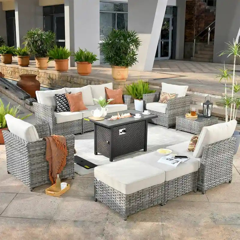 HOOOWOOO 10-piece Wicker Patio Furniture Sectional Set with Steel Fire Pit Table