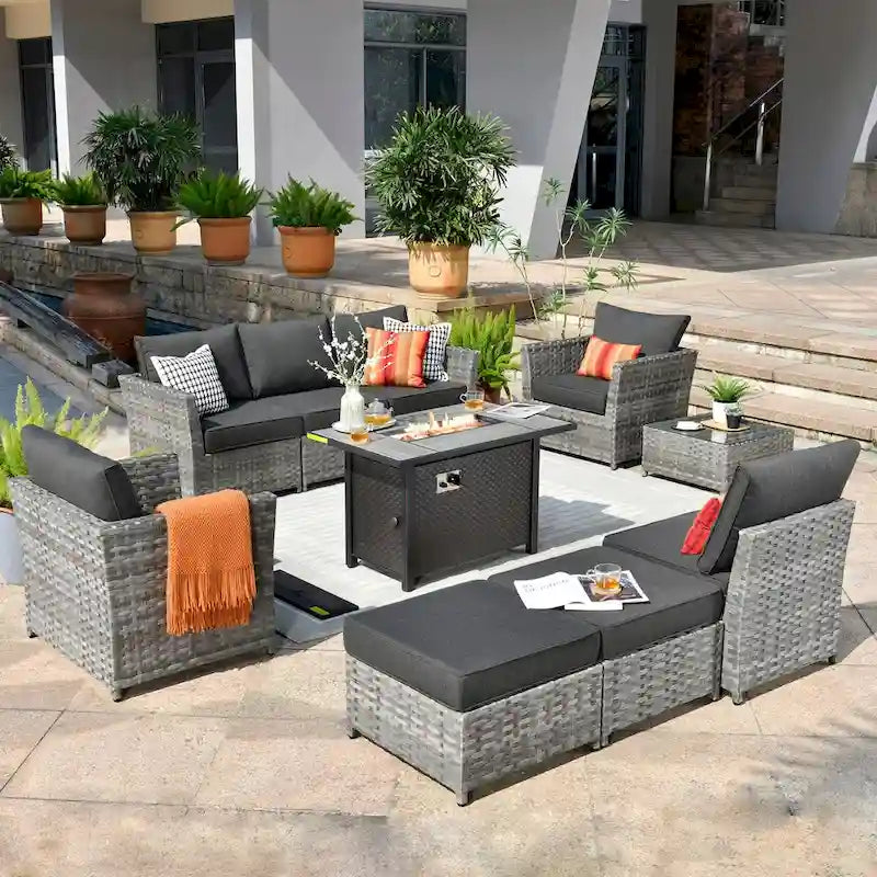 HOOOWOOO 10-piece Wicker Patio Furniture Sectional Set with Steel Fire Pit Table
