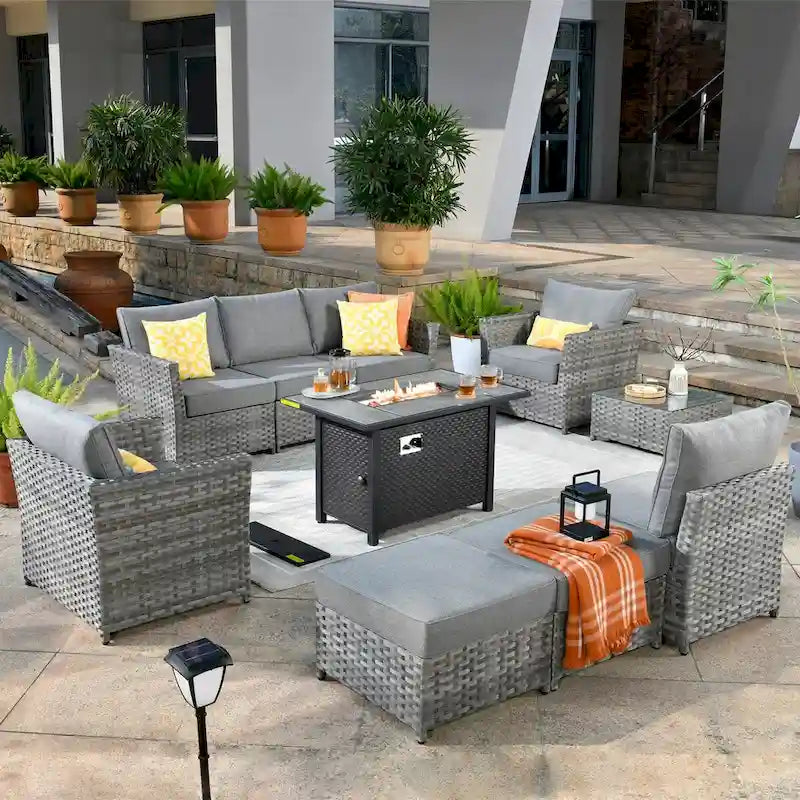 HOOOWOOO 10-piece Wicker Patio Furniture Sectional Set with Steel Fire Pit Table