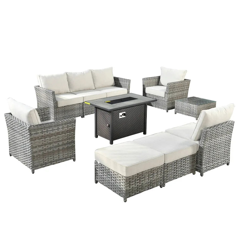 HOOOWOOO 10-piece Wicker Patio Furniture Sectional Set with Steel Fire Pit Table