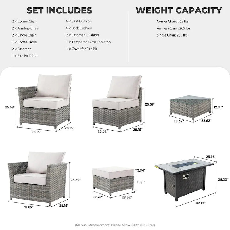 HOOOWOOO 10-piece Wicker Patio Furniture Sectional Set with Steel Fire Pit Table