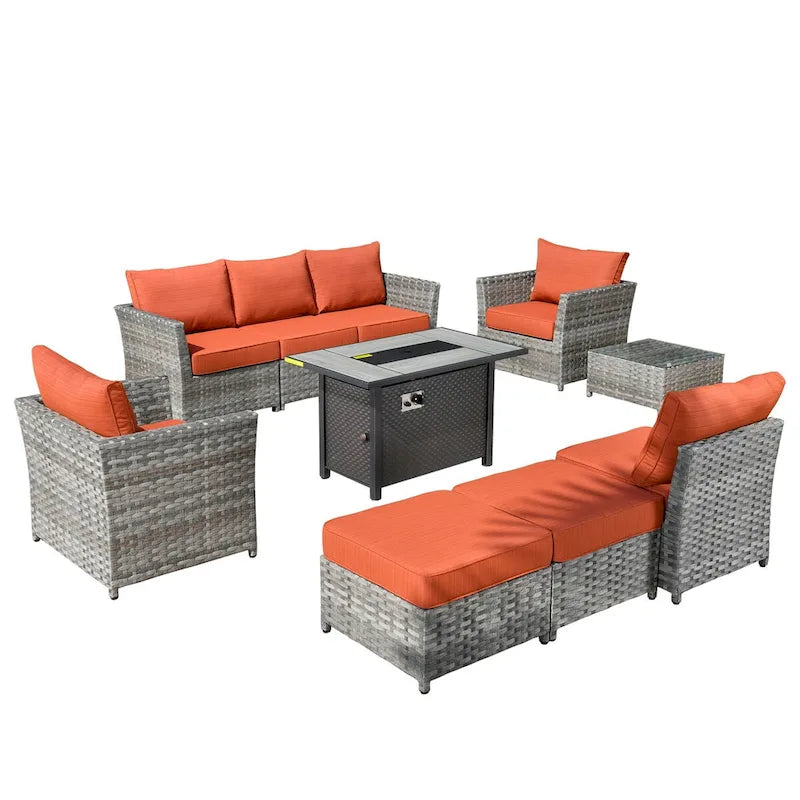 HOOOWOOO 10-piece Wicker Patio Furniture Sectional Set with Steel Fire Pit Table