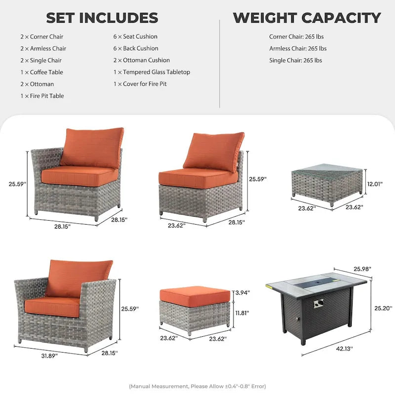 HOOOWOOO 10-piece Wicker Patio Furniture Sectional Set with Steel Fire Pit Table