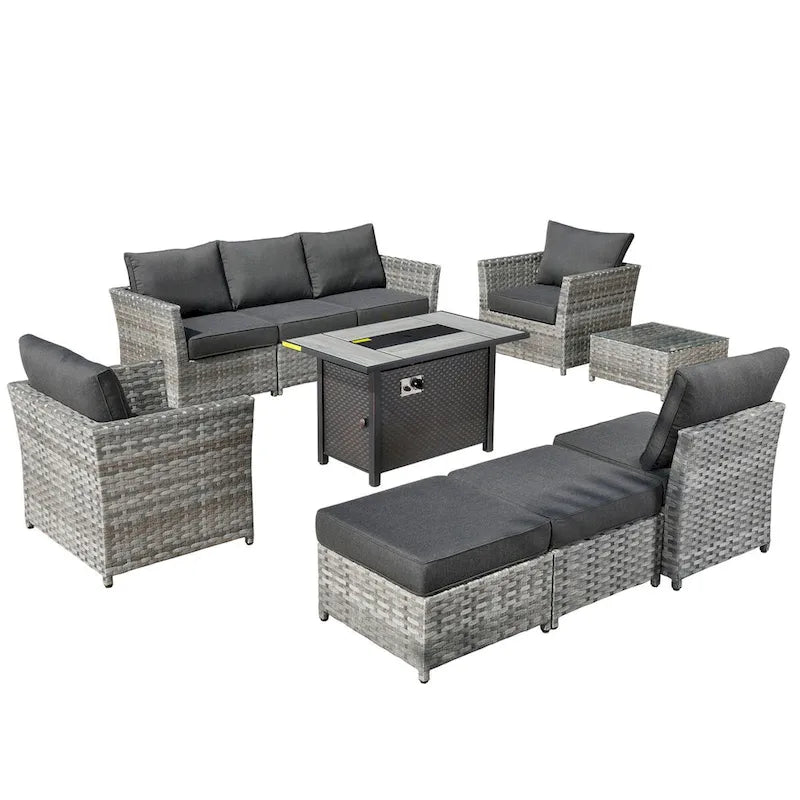 HOOOWOOO 10-piece Wicker Patio Furniture Sectional Set with Steel Fire Pit Table
