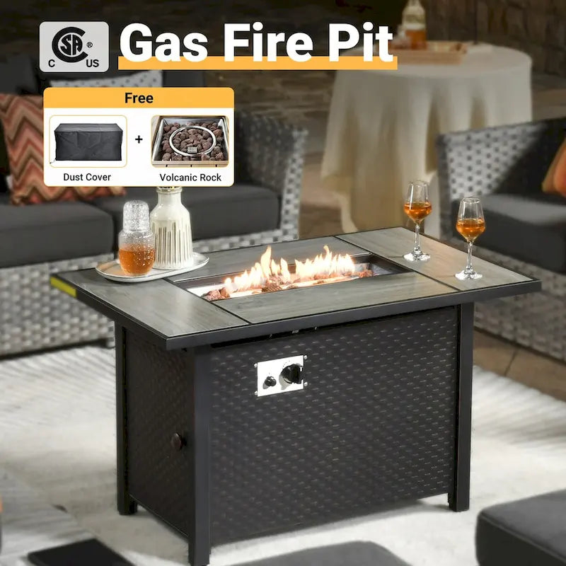 HOOOWOOO 10-piece Wicker Patio Furniture Sectional Set with Steel Fire Pit Table