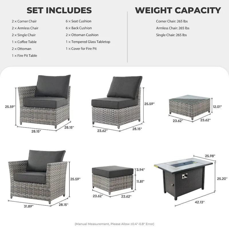 HOOOWOOO 10-piece Wicker Patio Furniture Sectional Set with Steel Fire Pit Table