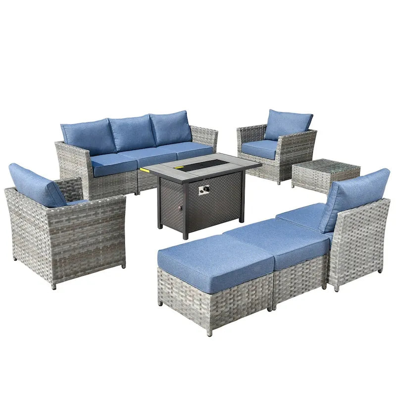 HOOOWOOO 10-piece Wicker Patio Furniture Sectional Set with Steel Fire Pit Table